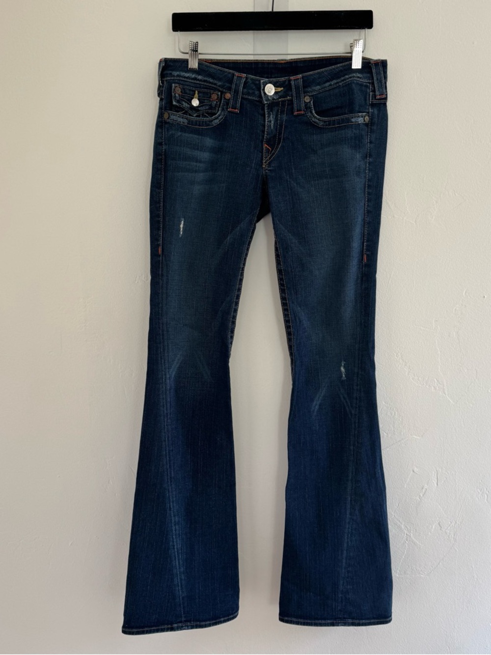 True Religion Joey Low Rise Flare Jeans Dark Blue Denim Distressed y2k 00s - Picture 2 of 14